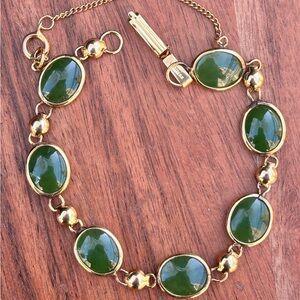 Vintage Jade Bracelet 12K Gold Filled Green Cabochon Link Bracelet